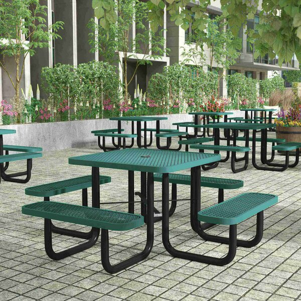 Flash Furniture Creekside 46in. Square Picnic Table w/Green Expanded Metal Mesh Top and Seats and Black Steel Frame SLF-EMS46-H60L-GN-GG
